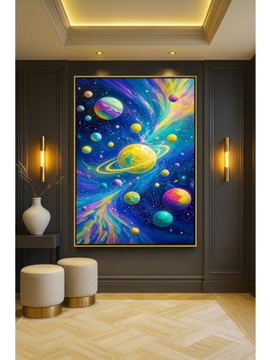 Wallivo Satürn ve Yörüngesindeki Renkli Gezegenler Model 1 Gümüş Metal Çerçeveli Kanvas Tablo