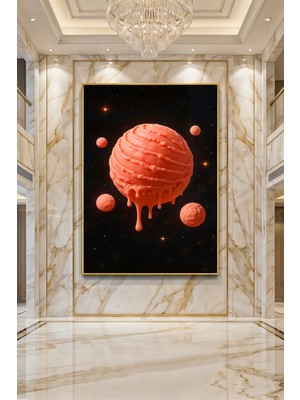 Wallivo Uzayda Eriyen Dondurma Gezegeni - Kozmik Uyduları Pop Art Temalı Gold Metal Çerçeveli Kanvas Tablo