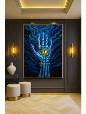 Wallivo Iskelet Eli Üzerinde Göz Işareti Gold Metal Çerçeveli Kanvas Tablo