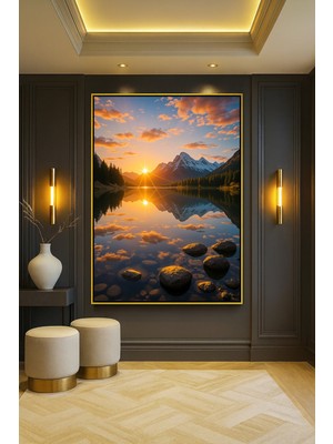 Wallivo Nehre Yansıyan Gün Batımı Bronz Metal Çerçeveli Kanvas Tablo