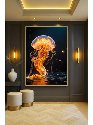 Wallivo Alevlere Gömülmüş Denizanası Gold Metal Çerçeveli Kanvas Tablo