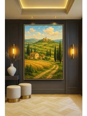 Wallivo Tarlaların Ortasındaki Ev Model 2 Gold Metal Çerçeveli Kanvas Tablo