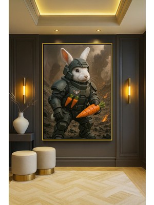 Wallivo Havuç Silahlı Tavşan Savaşçısı Gold Metal Çerçeveli Kanvas Tablo