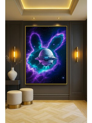 Wallivo Uzayda Tavşan ve Gemi Gold Metal Çerçeveli Kanvas Tablo