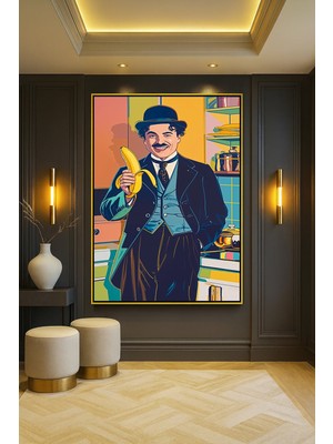 Wallivo Charlie Chaplin Pop Art Temalı Siyah Metal Çerçeveli Kanvas Tablo