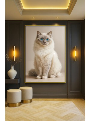 Wallivo Sakin Mavi Gözlü Kedi Evcil Hayvan Temalı Gümüş Metal Çerçeveli Kanvas Tablo