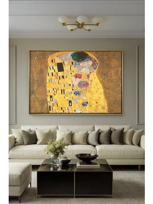 Wallivo Gustav Klimt'in Altın Dönem Öpücük (The Kiss) Art Nouveau Gold Metal Çerçeveli Kanvas Tablo