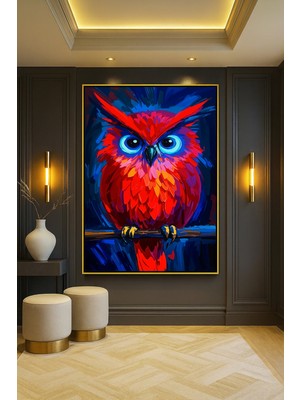 Wallivo Kırmızı Gösterişli Baykuş Gold Metal Çerçeveli Kanvas Tablo