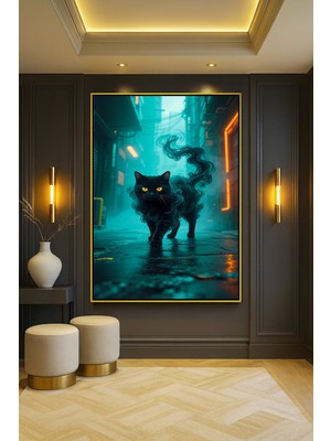 Wallivo Neon Yeşil Siste Kedi Evcil Hayvan Temalı Siyah Metal Çerçeveli Kanvas Tablo