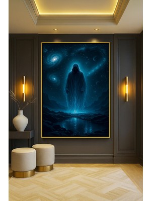 Wallivo Siyah Mistik Pelerinli Dev Adam Bronz Metal Çerçeveli Kanvas Tablo