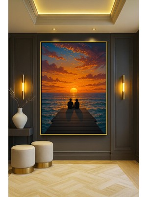 Wallivo Iskelede Gün Batımını Izleyen Aşıklar Kış Temalı Siyah Metal Çerçeveli Kanvas Tablo
