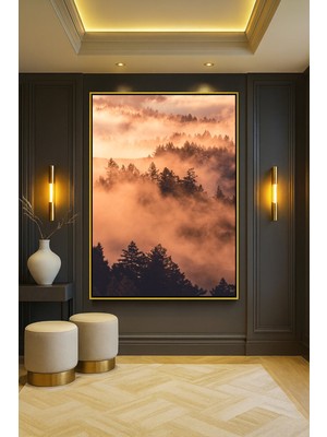 Wallivo Altın Işıkta Sisli Dağ Manzarası ve Katmanlı Ağaçlar Bronz Metal Çerçeveli Kanvas Tablo