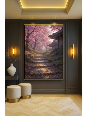 Wallivo Asya Temalı Bahçe Gümüş Metal Çerçeveli Kanvas Tablo