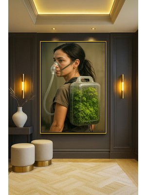 Wallivo Taşınabilir Oksijen Temalı Fütüristik Yapay Zeka Bronz Metal Çerçeveli Kanvas Tablo