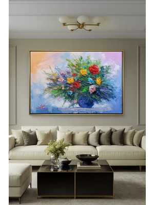 Wallivo Vazoda Rengarenk Çiçek Buketi - Canlı Renkler Salon Gümüş Metal Çerçeveli Kanvas Tablo