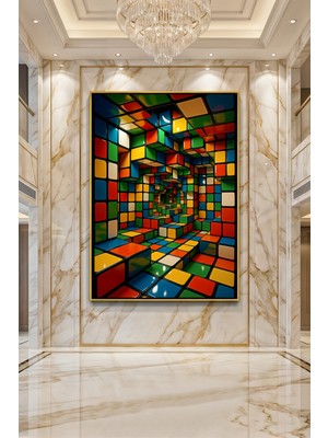 Wallivo Renkli Küplerden Zeka Küpü Labirenti 3D Geometrik Desenli Soyut Gümüş Metal Çerçeveli Kanvas Tablo
