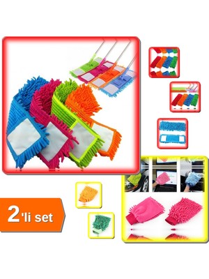 Hereveoyuncak Paspas Mikrofiber Makarna 50 cm Mop Yedeği + Mikrofiber Oto Yıkama Temizlik Eldiveni - 2li Set A1C2M