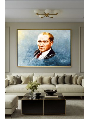 Wallivo Atatürk Imzasıyla Birlikte Portre - Model 2 Klasik Gold Metal Çerçeveli Kanvas Tablo