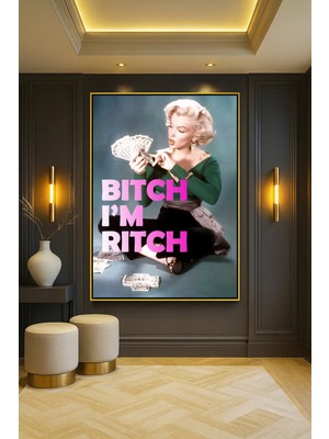 Wallivo Pop Art Marilyn Monroe - Renkli Model Kadın Illüstrasyonu Bronz Metal Çerçeveli Kanvas Tablo