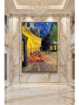 Wallivo Vincent Van Gogh Yıldızlı Gece Altında Kafe Terası Gold Metal Çerçeveli Kanvas Tablo