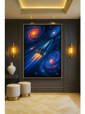 Wallivo Bulutsuların Arasından Geçen Uzay Aracı Gümüş Metal Çerçeveli Kanvas Tablo