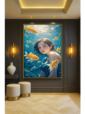 Wallivo Denizde Japon Balığıyla Yüzen Kız Gold Metal Çerçeveli Kanvas Tablo