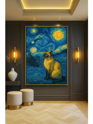 Wallivo Van Gogh Yıldızlı Gece Temalı Kedi Gümüş Metal Çerçeveli Kanvas Tablo