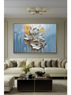 Wallivo Açık Renklerle Beyaz Rölyef Görünümlü Çiçek Gold Metal Çerçeveli Kanvas Tablo