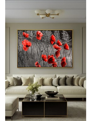 Wallivo Karanlık Temada Açan Kırmızı Çiçekler - Gotik ve Modern Siyah Metal Çerçeveli Kanvas Tablo