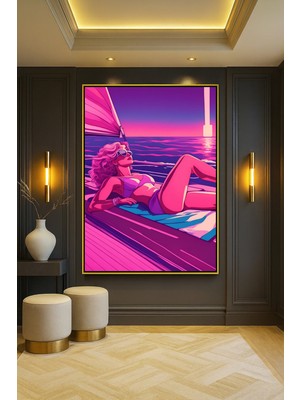 Wallivo Retrowave Vogue - Pop Art Güneş ve Kadın Temalı Gümüş Metal Çerçeveli Kanvas Tablo