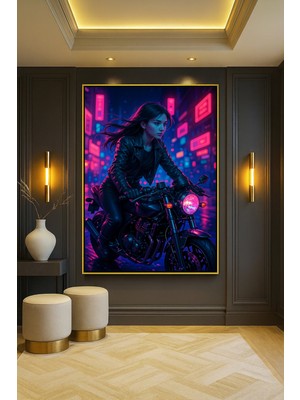 Wallivo Cyberpunk Motosikletli Kız Siyah Metal Çerçeveli Kanvas Tablo