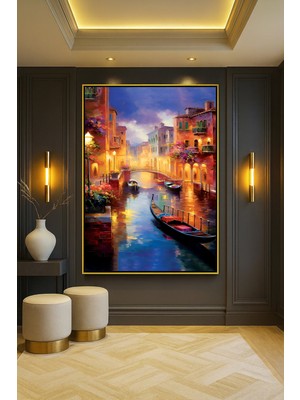 Wallivo Gece Nehir Manzarası - Ay Işığı ve Yansıma Temalı Gold Metal Çerçeveli Kanvas Tablo