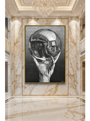 Wallivo M.c. Escher Elinde Küre Yansımalı Otoportre Gümüş Metal Çerçeveli Kanvas Tablo