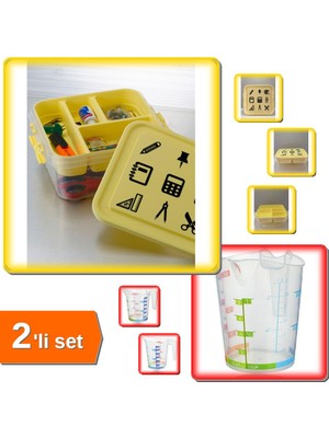 Hereveoyuncak Oyuncak Hobi Malzemeleri Saklama Kutusu + Ölçü Kabı Dereceli Renkli 300 ml - 2li Set Q5L4C1
