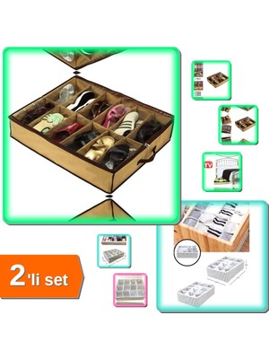 Hereveoyuncak 12 Bölmeli Portatif Ayakkabı Saklama Hurcu Model 2 + 12 Bölmeli Çekmece Organizer - 2li Set D9A1L9