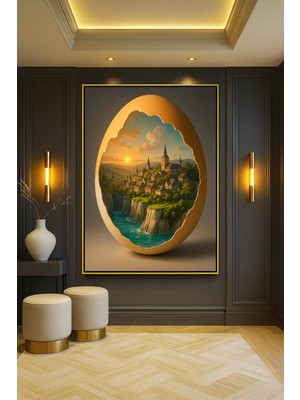 Wallivo Egg City - Yumurta Şehir Sürreal Yapay Zeka Sanatı Bronz Metal Çerçeveli Kanvas Tablo