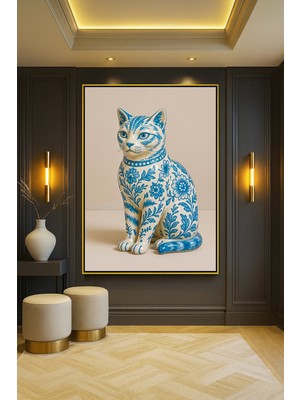 Wallivo Soluk Mavi Tonlarda Çiçek Motifli Porselen Kaplı Kedi Gold Metal Çerçeveli Kanvas Tablo
