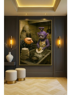 Wallivo Bulaşık Yıkayan Teletubbies Model 2 Bronz Metal Çerçeveli Kanvas Tablo