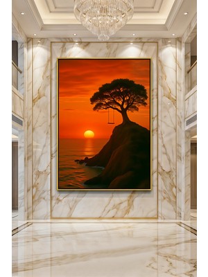 Wallivo Uçurumdaki Yalnız Ağaç ve Salıncak Silüeti Kızıl Gün Batımı Gümüş Metal Çerçeveli Kanvas Tablo