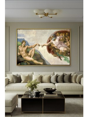 Wallivo Michelangelo Adem'in Dokunuşu Eseri Rönesans Başyapıtı Bronz Metal Çerçeveli Kanvas Tablo