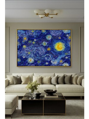Wallivo Van Gogh Yıldızlı Gece Sanatsal Dokunuş Bronz Metal Çerçeveli Kanvas Tablo
