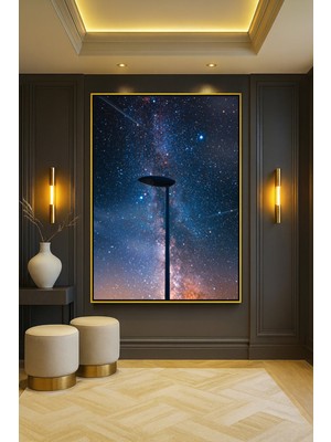 Wallivo Sokak Lambası Silüeti ve Yıldızlı Gece Gökyüzü Bronz Metal Çerçeveli Kanvas Tablo