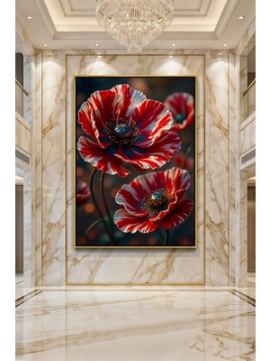 Wallivo Kırmızı Beyaz Alacalı Gelincikler Dekoratif Botanik Çiçek Sanatı Bronz Metal Çerçeveli Kanvas Tablo