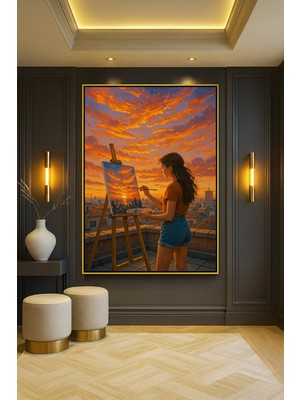 Wallivo Evinin Çatısında Doğayı Resimleyen Kadın Ressam Siyah Metal Çerçeveli Kanvas Tablo