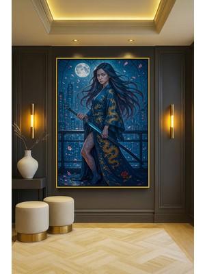 Wallivo Ay Işığında Asyalı Kadın Savaşçı Gümüş Metal Çerçeveli Kanvas Tablo