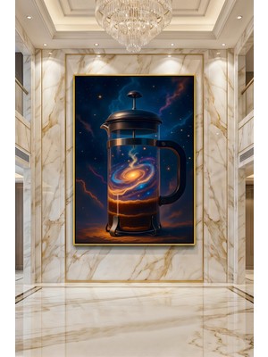 Wallivo Evreni Demleyen Kozmik French Press ve Sarmal Galaksi Kahvesi Gold Metal Çerçeveli Kanvas Tablo