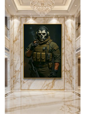 Wallivo Ikonik Karakter "ghost" Kurukafa Maskeli Asker Gümüş Metal Çerçeveli Kanvas Tablo
