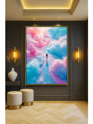 Wallivo Mavi ve Pembe Bulutlar Arasında Yürüyen Kadın Gold Metal Çerçeveli Kanvas Tablo