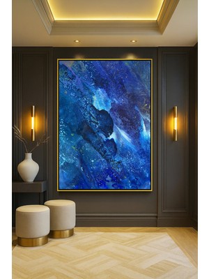 Wallivo Derin Mavi ve Altın Rengi Uzay Bulutsusu Büyüleyici Soyut Gümüş Metal Çerçeveli Kanvas Tablo