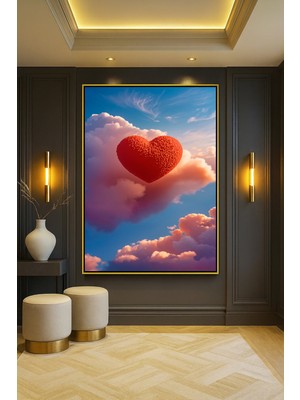 Wallivo Bulutlar Arasında Devasa Kırmızı Kalp Gümüş Metal Çerçeveli Kanvas Tablo
